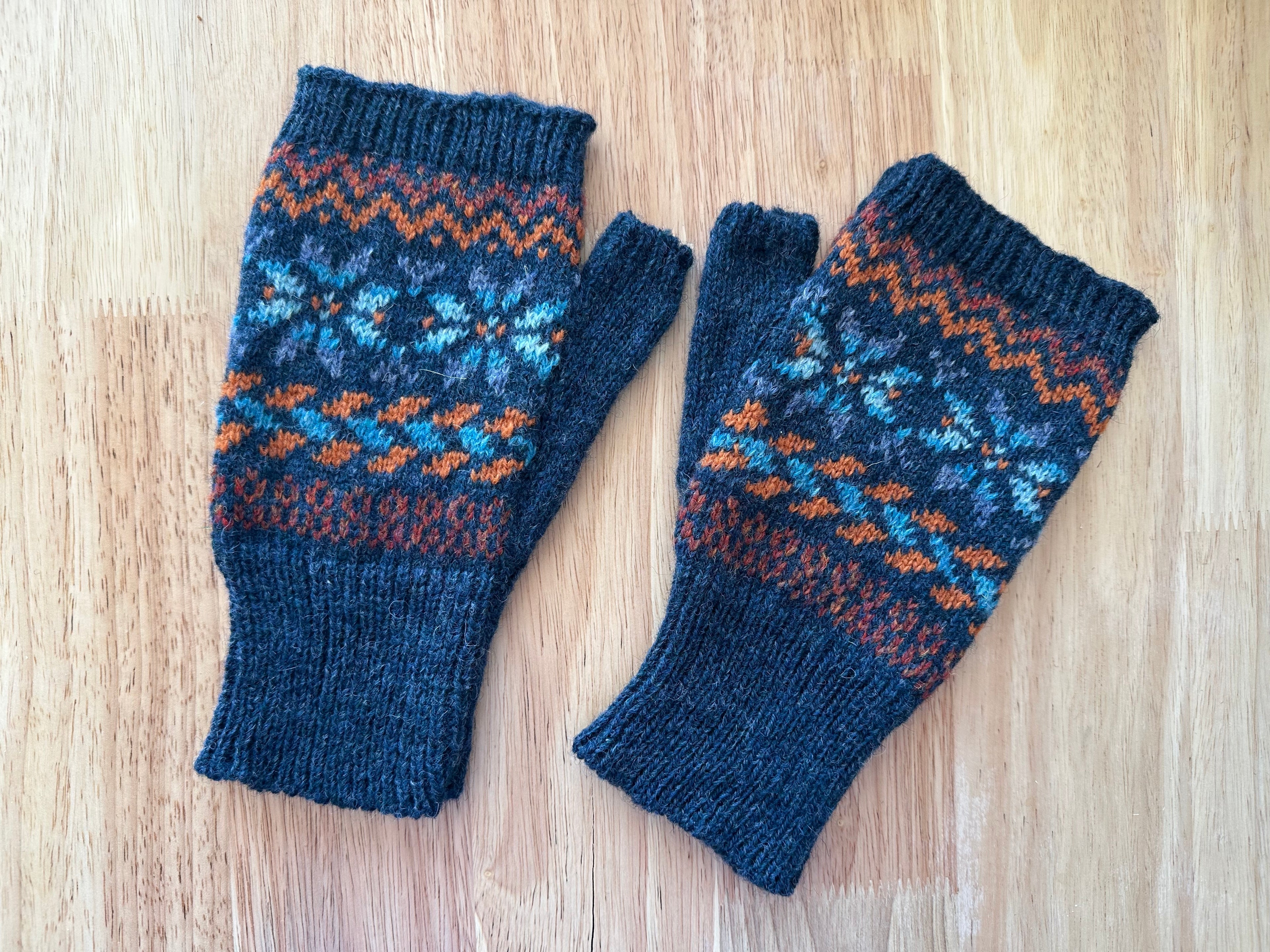 Fair Isle Fingerless Mittens imported wool yarn, stylish cold weather gloves gift