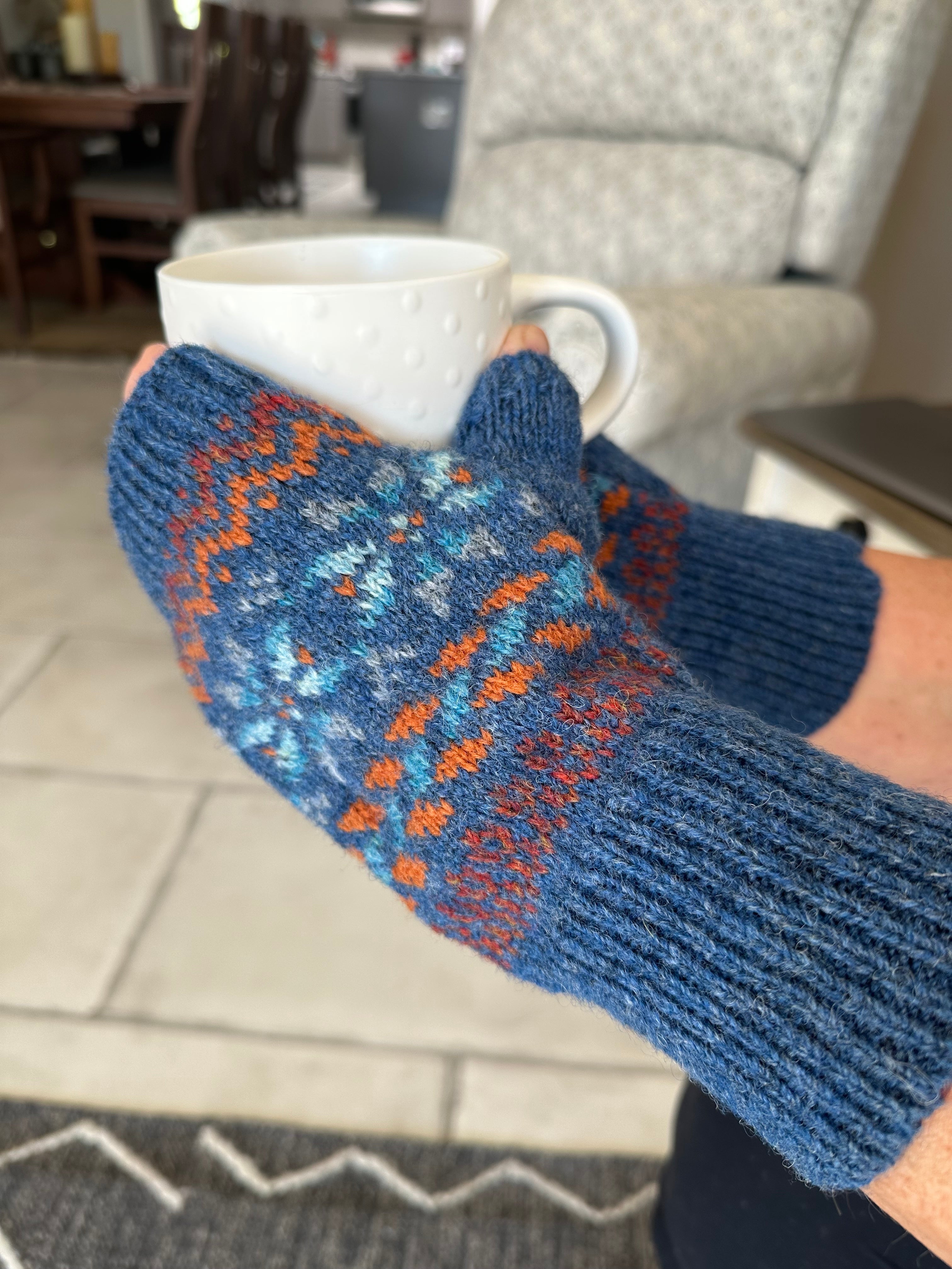 Fair Isle Fingerless Mittens imported wool yarn, stylish cold weather gloves gift