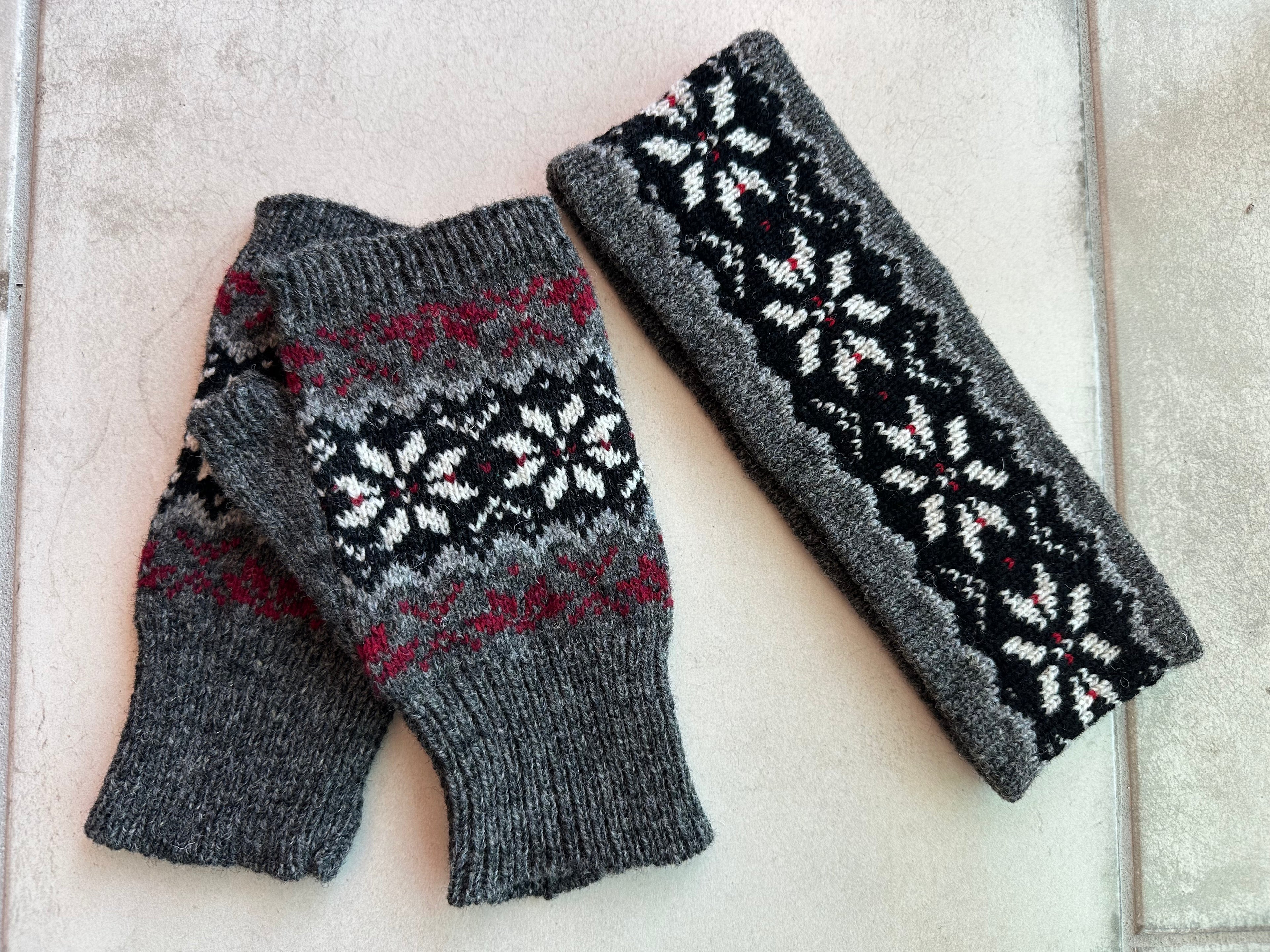 Fair Isle Fingerless Mittens imported wool yarn, stylish cold weather gloves gift