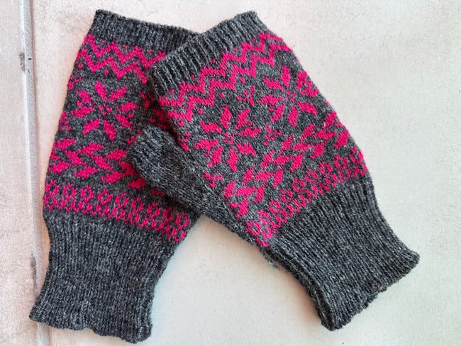 Fair Isle Fingerless Mittens imported wool yarn, stylish cold weather gloves gift Main Image