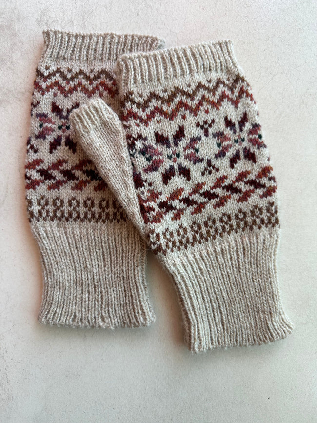 Fair Isle Fingerless Mittens imported wool yarn, stylish cold weather gloves gift Main Image