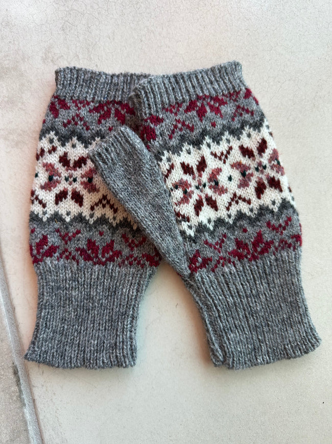 Fair Isle Fingerless Mittens imported wool yarn, stylish cold weather gloves gift Main Image