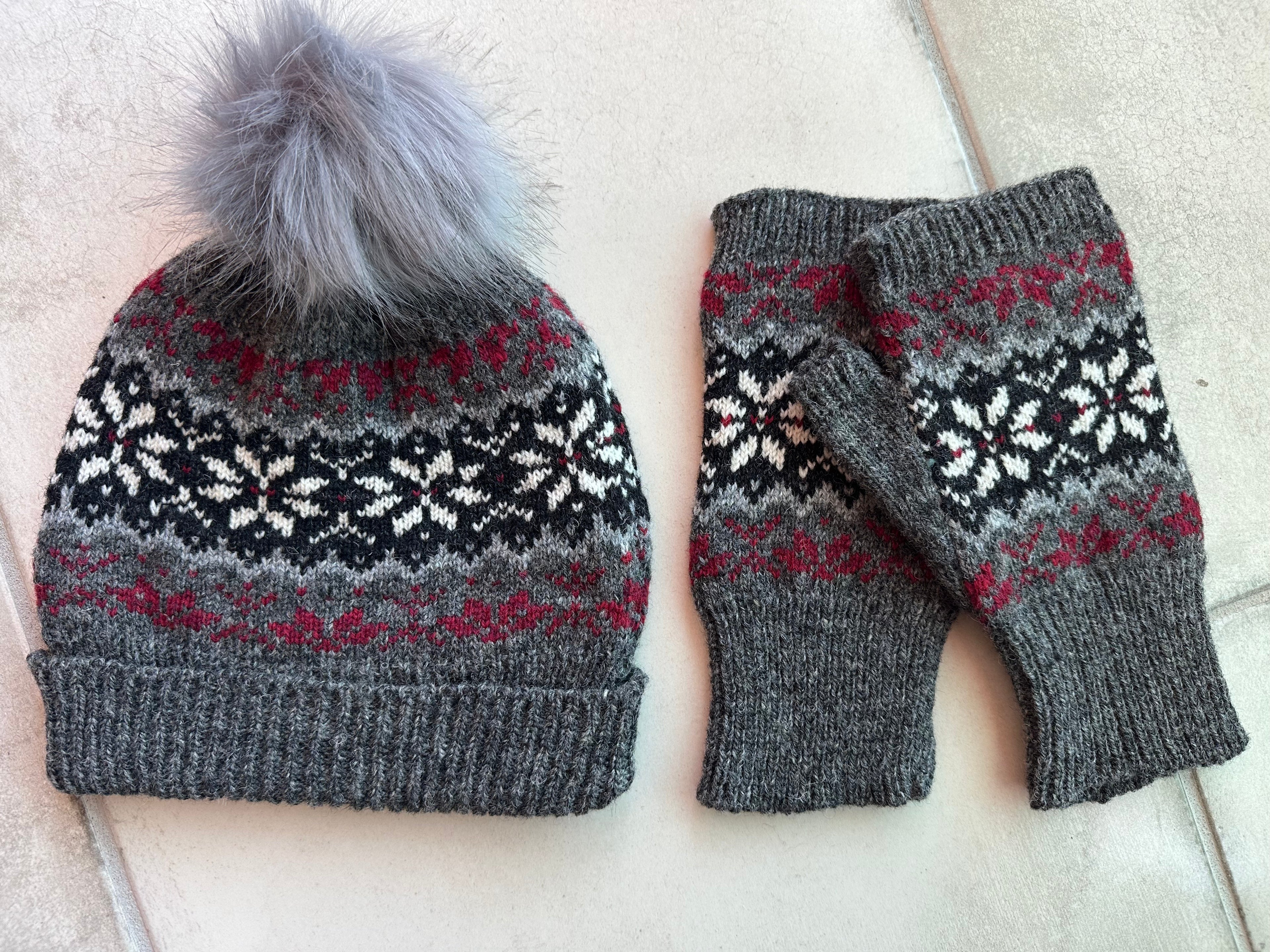 Fair Isle Fingerless Mittens imported wool yarn, stylish cold weather gloves gift
