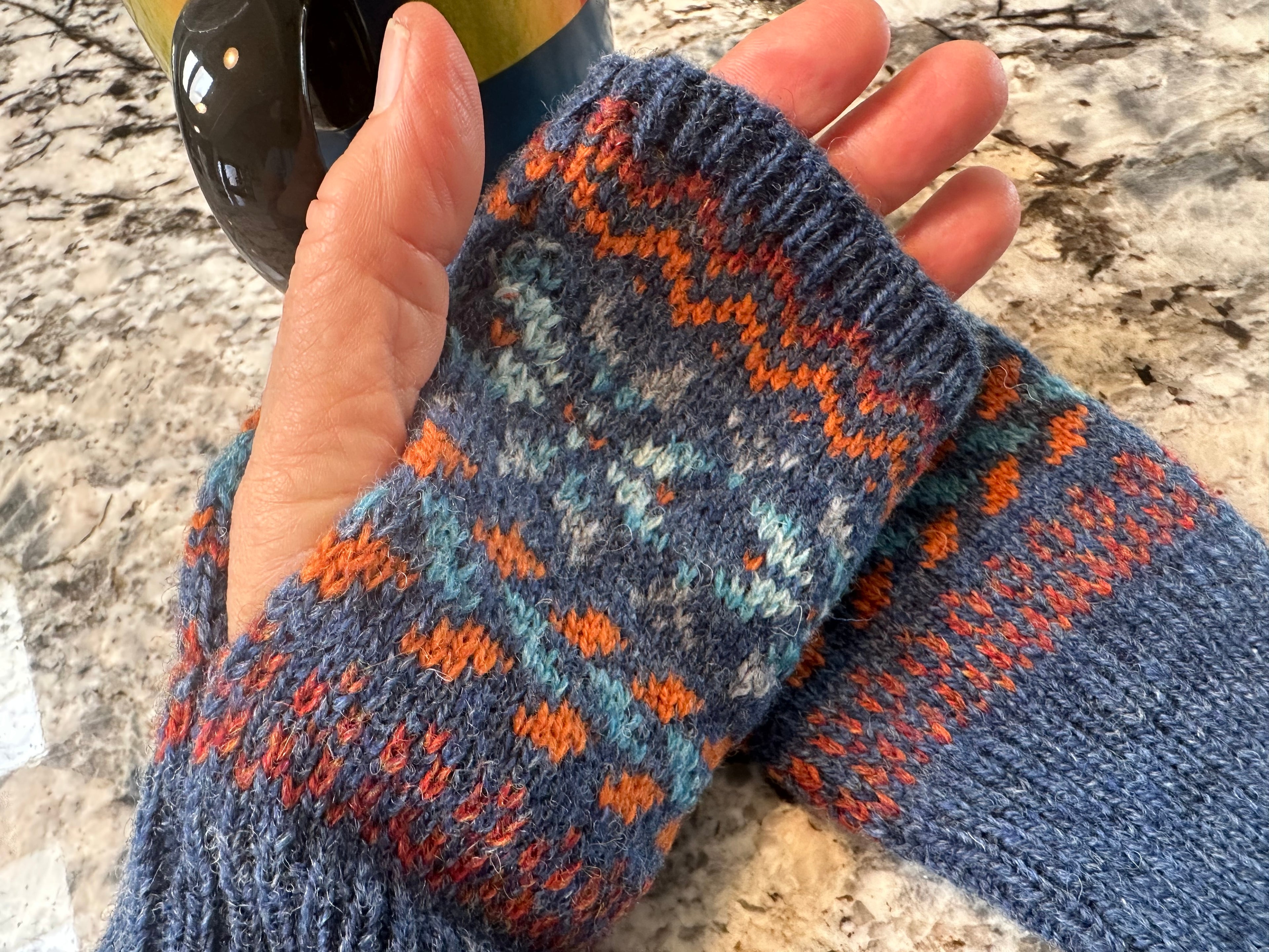 Fair Isle Fingerless Mittens imported wool yarn, stylish cold weather gloves gift