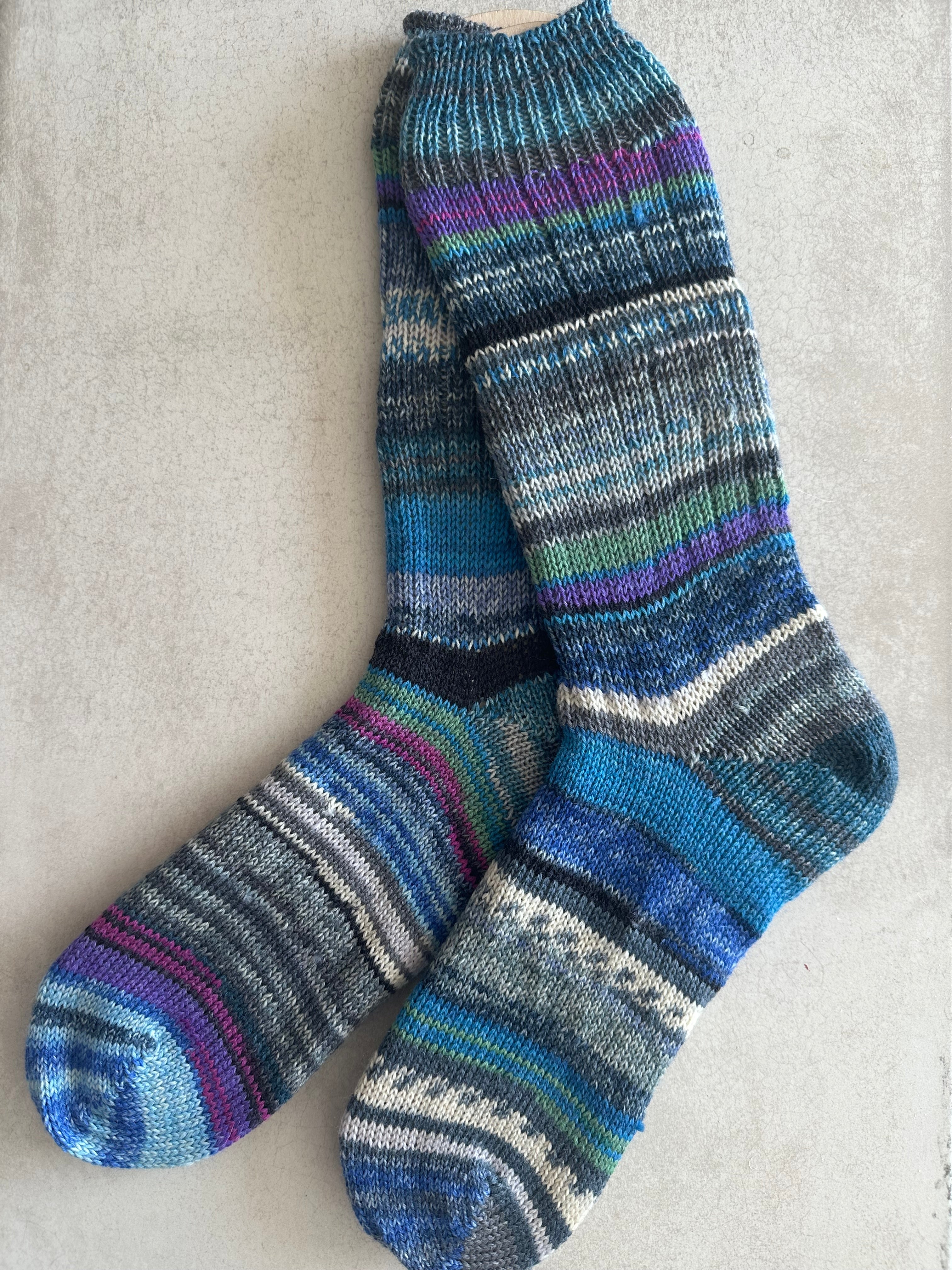 Scrappy One of a Kind Hand-Knitted Socks,  Hand-Knitted Merino Wool Socks - Large