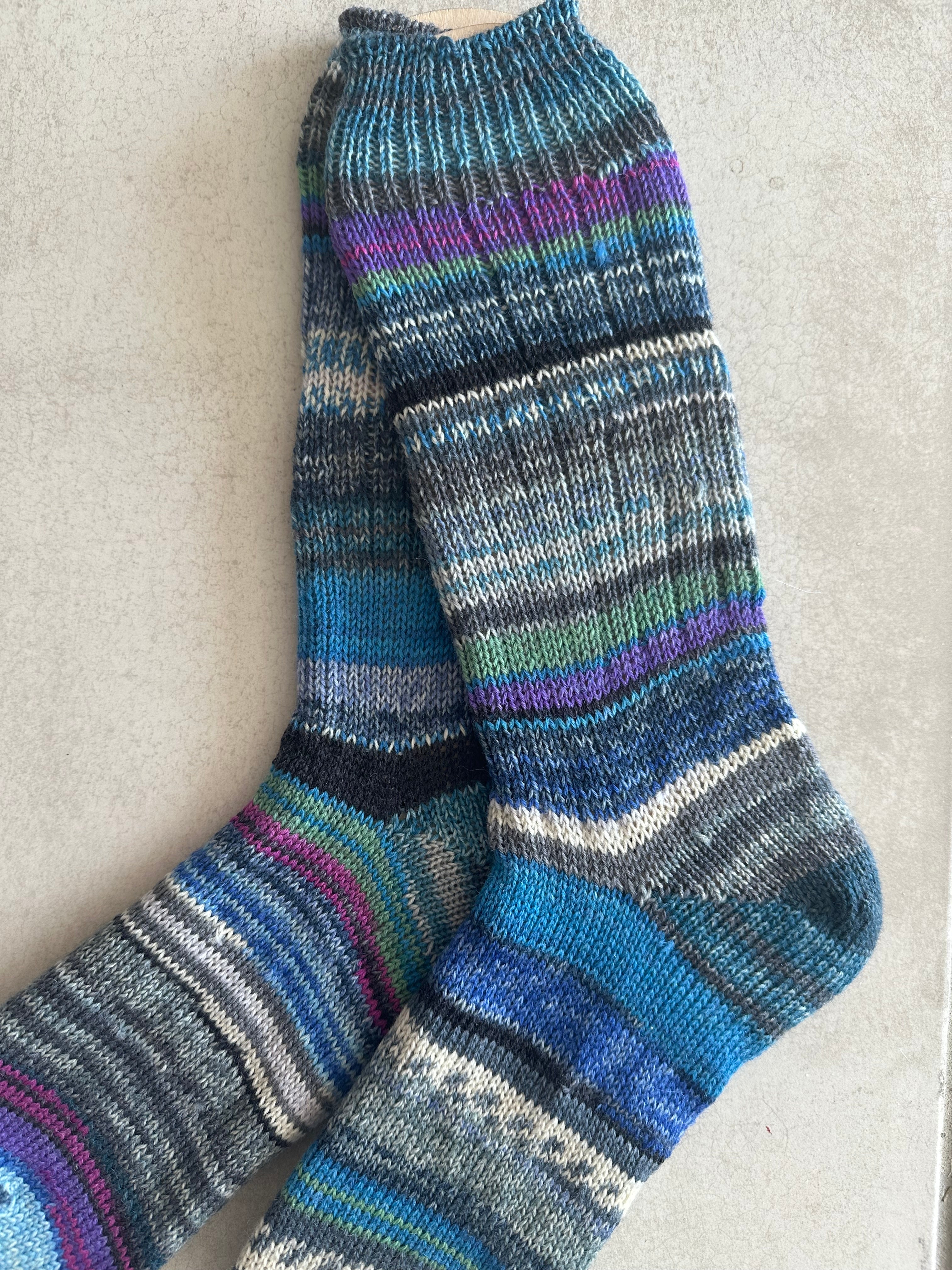 Scrappy One of a Kind Hand-Knitted Socks,  Hand-Knitted Merino Wool Socks - Large