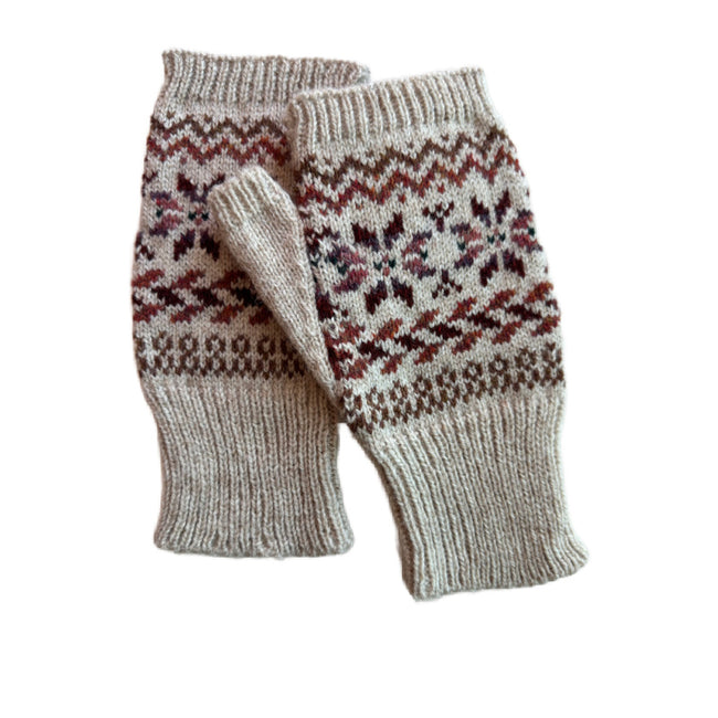 Fair Isle Fingerless Mittens imported wool yarn, stylish cold weather gloves gift Hover Image