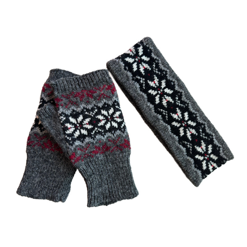 Fair Isle Fingerless Mittens imported wool yarn, stylish cold weather gloves gift