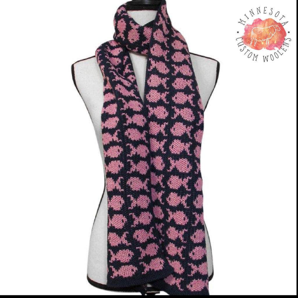 Handmade Knit Scarf, Fishy Fun, Wool and Alpaca Scarf, Hand Knit Scarf, Women Winter Scarf, Handknit Scarf,  Knit Wool Scarf, Handmade Scarf
